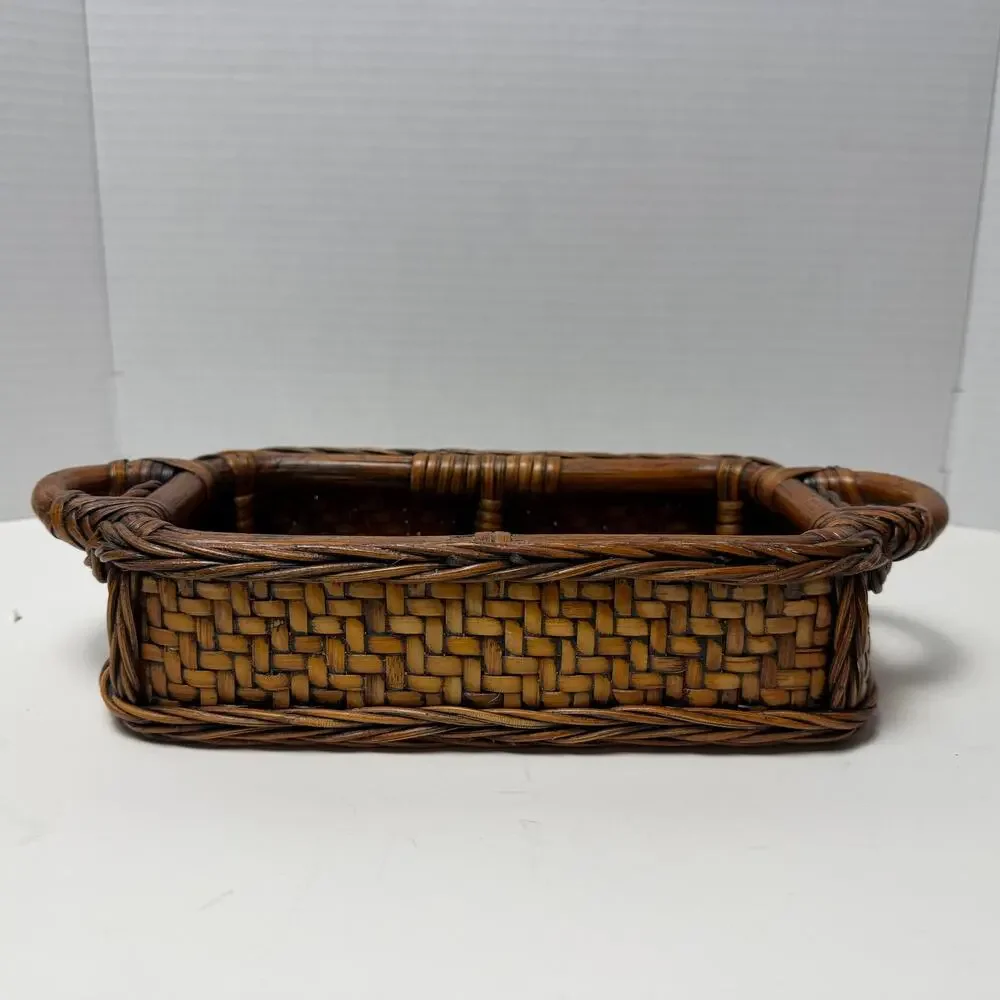 VTG Rattan Wrapped Wood Serving Tray Basket w Handles Boho 13x6 Sturdy Cottage